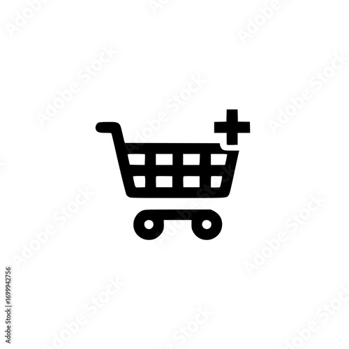 Shopping cart icon with small plus symbol for ecommerce interface and product addition design