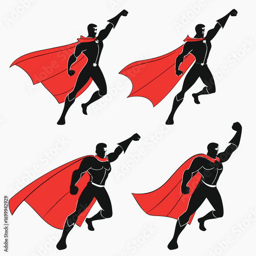 Four stylized black silhouettes of superheroes with red capes in dynamic flying poses against a white background representing strength and heroism