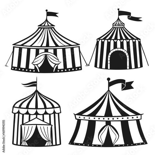 Collection of four black and white circus tents with flags and striped patterns representing classic carnival entertainment and festive outdoor events