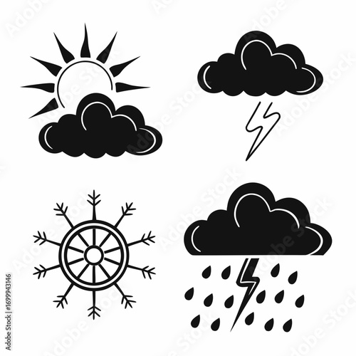 Collection of weather icons including sun behind clouds lightning storm snowflake and rain with lightning presented as simple black silhouettes on a white background