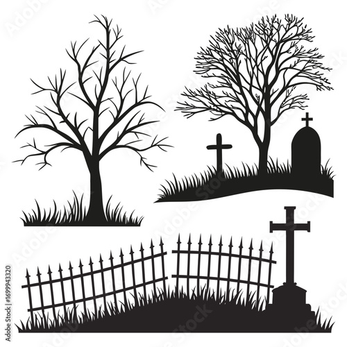 Silhouette graveyard elements including bare trees tombstones crosses broken fence and grass on a white background perfect for halloween or spooky designs