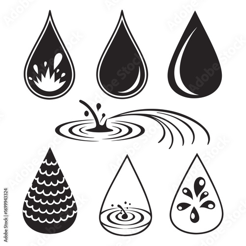 Collection of stylized black and white water drop icons and splashes representing different water actions and textures