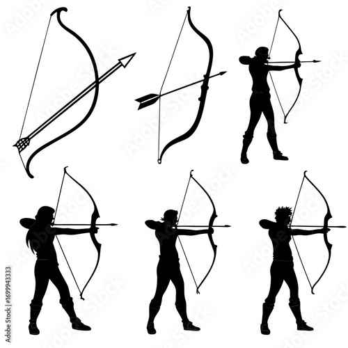 Collection of silhouette archers and bows with arrows ready to shoot representing skill and precision in archery sports and fantasy characters