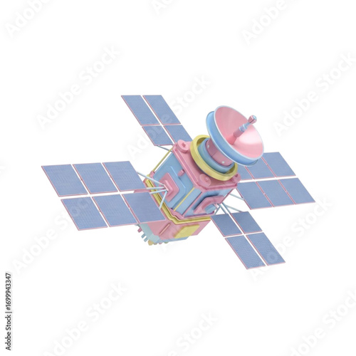Stylized 3d rendering of a colorful satellite with solar panels against a black background