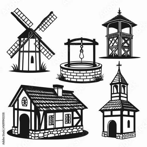 A collection of black silhouette illustrations of historical village buildings including a windmill a well a tower a house and a church steeple on a white background