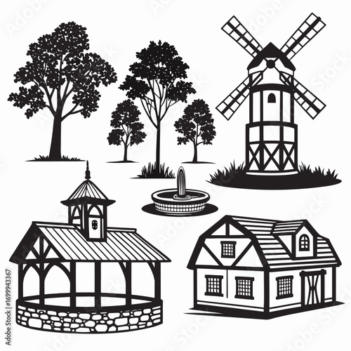 A collection of black silhouette illustrations depicting a charming rural village scene with trees a windmill a well a fountain and a traditional house