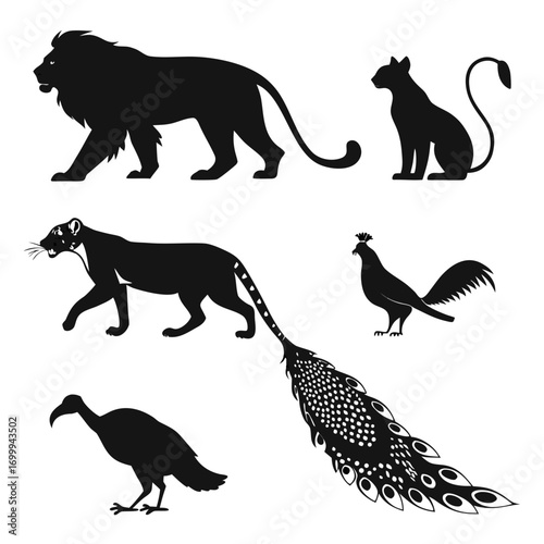 A collection of black silhouette animals including a majestic lion a sleek panther a domestic cat a proud rooster a turkey and a peacock with a decorative tail feather