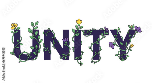Unity Word with Floral Vines and Leaves Illustration.