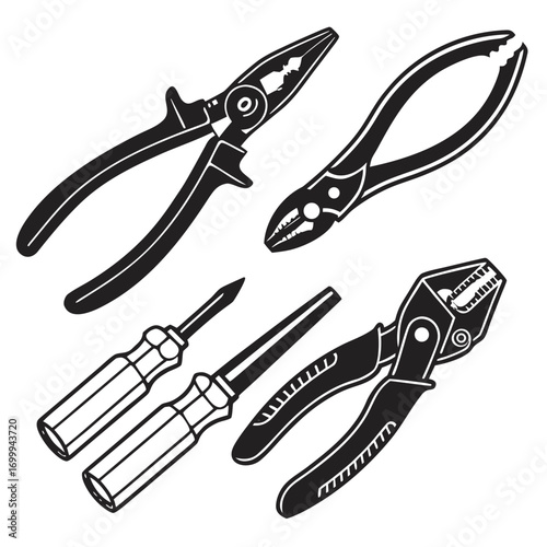 A collection of black and white vector illustrations of various hand tools including pliers and screwdrivers on a white background