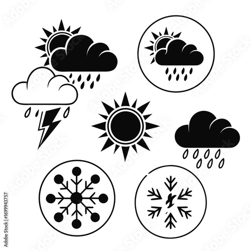 Collection of black and white weather icons including sun clouds rain lightning and snowflakes representing various meteorological conditions and forecasts