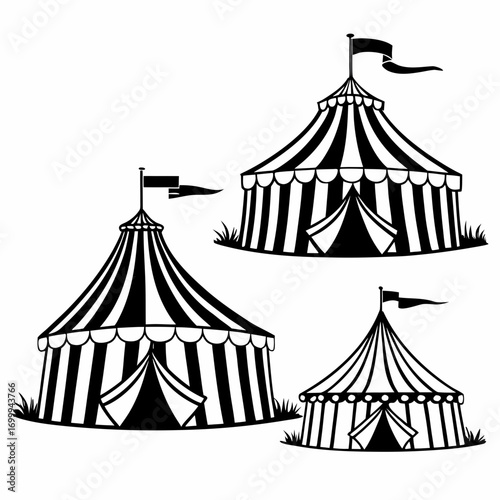 Three black and white silhouette illustrations of classic striped circus tents with flags and grass on a white background representing entertainment and events