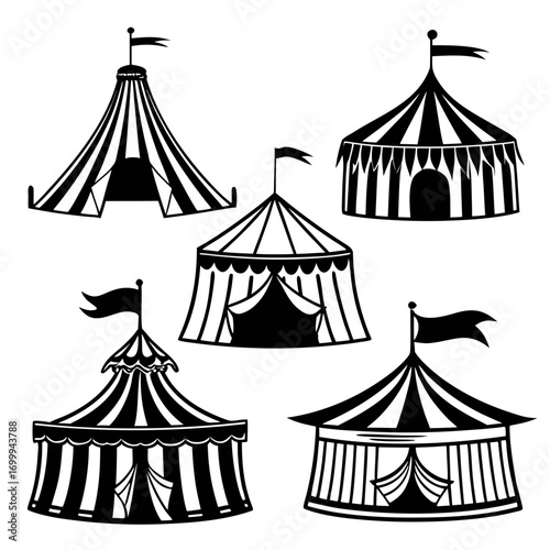 A collection of five black and white silhouette illustrations of traditional circus tents with flags on top set against a white background