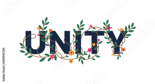 Unity word with decorative floral elements and green leaves.