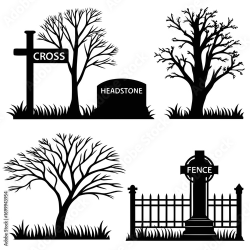 Silhouette collection of cemetery elements including bare trees a cross a headstone and a fence representing themes of remembrance and mortality