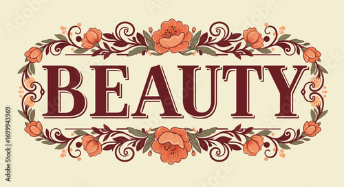 Elegant Beauty word in ornate floral frame design.
