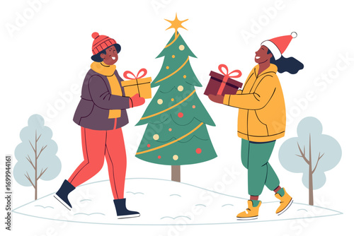 People exchanging gifts in snowy park, decorated Christmas tree, festive holiday vector illustration