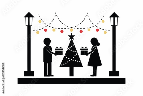 People exchanging gifts in snowy park, decorated Christmas tree, silhouette vector illustration