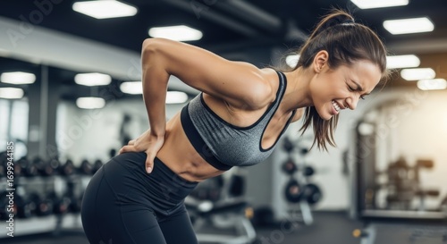 A woman in a gym clutches her lower back, expressing pain and the strain of a workout.