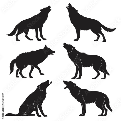Collection of six black wolf silhouettes in various howling and standing poses against a white background representing wild nature and animal communication