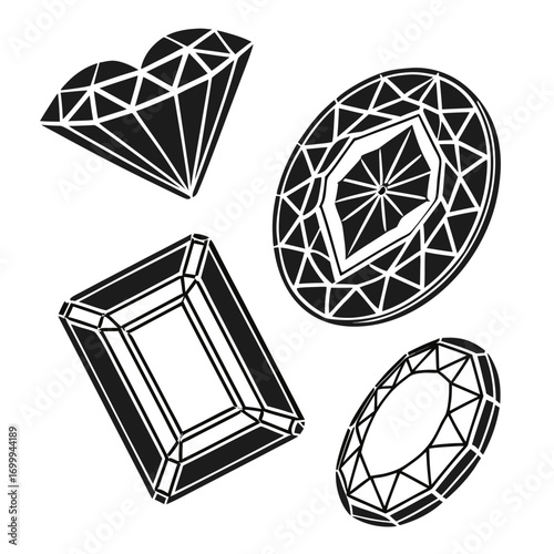 A collection of stylized black and white gemstone silhouettes including a heart shape oval emerald cut and marquise cut on a clean white background