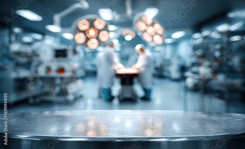 A surgical table in focus, with blurred surgical team and lights in the background