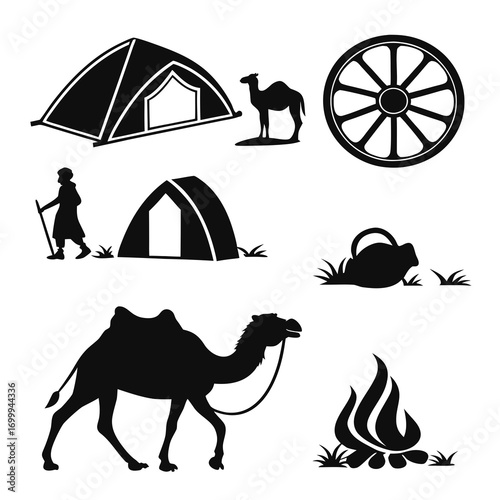 Desert caravan icons silhouettes of camels tents a person with a staff a wagon wheel a water jug and a campfire on a white background