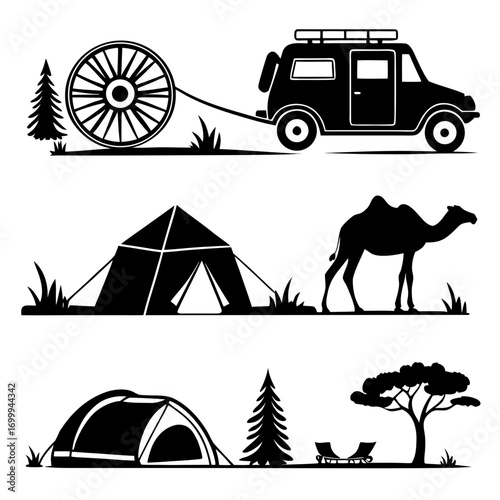 Collection of black silhouettes depicting outdoor adventure scenes including a safari vehicle with a wagon wheel a camel and tent and a camping setup with lounge chairs and trees