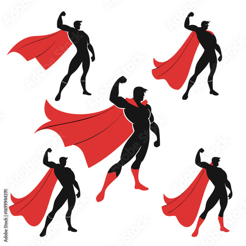 Collection of five stylized black silhouettes of male superheroes wearing flowing red capes and striking heroic poses against a clean white background