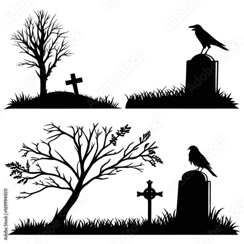 Spooky halloween cemetery silhouettes featuring bare trees gravestones crosses and crows perched on tombstones with grassy ground against a white background