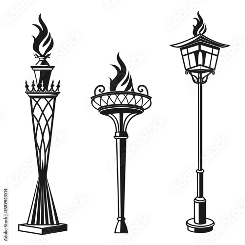 Three distinct black and white vector illustrations of torches and a street lamp each with a flame presented on a clean white background