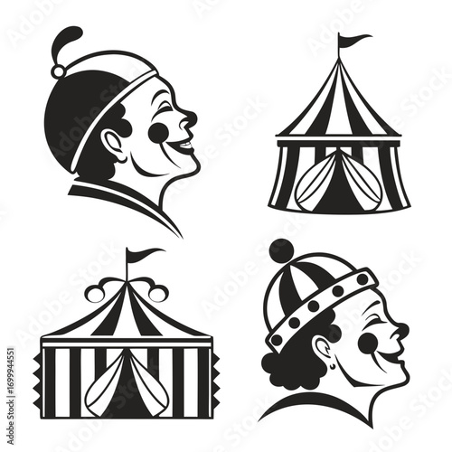 Vintage circus icons featuring happy clowns and striped tents in black and white silhouette style for festive entertainment and nostalgic themes