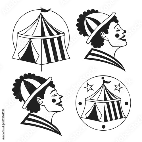 Vintage circus icons featuring a classic big top tent and two stylized clown portraits in profile presented as simple black and white line art