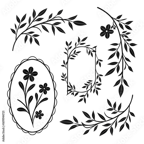 Elegant black silhouette floral and leaf decorative elements including an oval frame with flowers and a rectangular frame with vines on a white background
