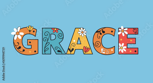 Grace word in colorful decorative floral letters.