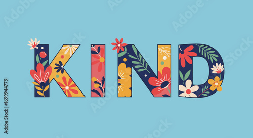 Floral decorated word KIND on a light blue background.