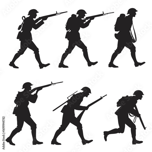 Silhouettes of soldiers in uniform with rifles and backpacks in various action poses representing movement and combat readiness on a white background