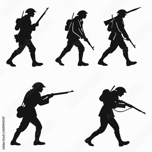 Silhouette of world war i soldiers in various marching and aiming poses with rifles and backpacks isolated on a white background representing historical military action and conflict