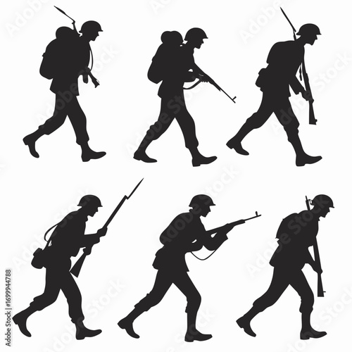 Silhouette set of soldiers marching and aiming rifles in different poses representing military action and historical combat scenes