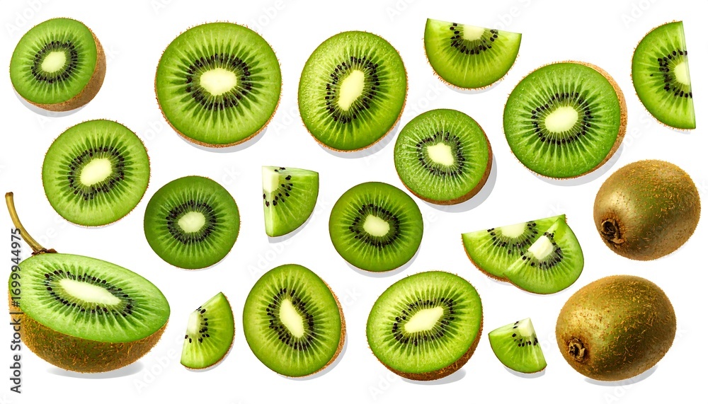 Fototapeta premium Freshly sliced kiwi fruits arranged in a vibrant pattern against a pure white background.