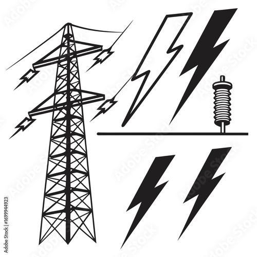 Black and white graphic illustration of an electrical pylon with power lines lightning bolts and an insulator representing energy and power transmission