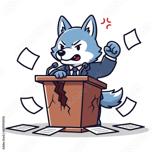 Angry Wolf Cartoon Character Giving Speech at Podium Illustration for Creative Design Projects