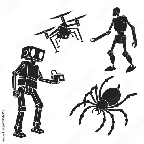 A collection of futuristic robots and a spider drone in silhouette representing technology and artificial intelligence in a modern world