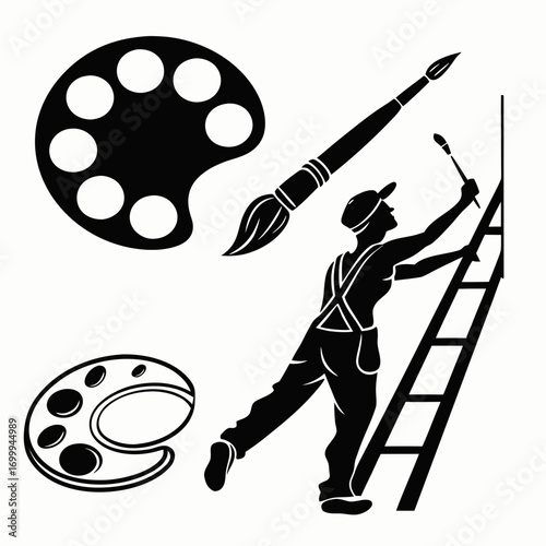 Artist silhouette painting on a ladder with paintbrushes and palettes symbolizing creativity and artistic profession