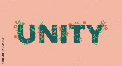 Floral decorated word UNITY on a peach background.