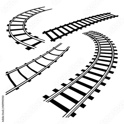 A collection of black and white graphic illustrations of railway tracks featuring straight and curved sections isolated on a white background