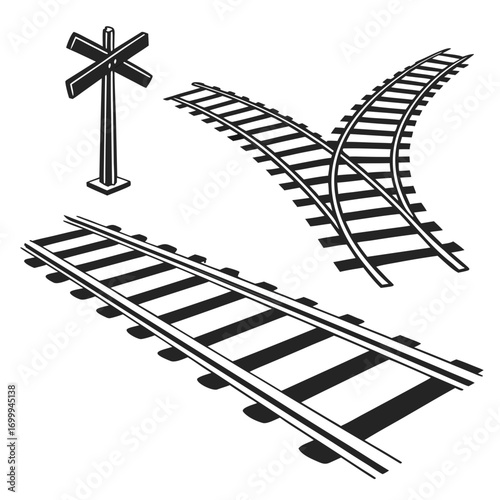 Stylized black and white illustration of railroad tracks a railroad crossing sign and a diverging track junction on a white background