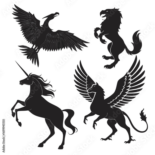 Collection of four mythical creature silhouettes including a phoenix a unicorn a griffin and a heraldic beast on a white background