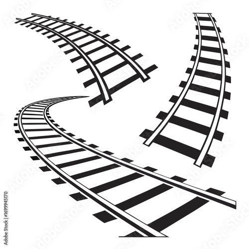 Stylized black and white graphic illustration of three distinct curved railway tracks on a white background suggesting movement and direction