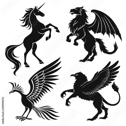 Collection of mythical creature silhouettes including a unicorn griffin phoenix and dragon like beast presented in black on a white background for graphic design and fantasy themes