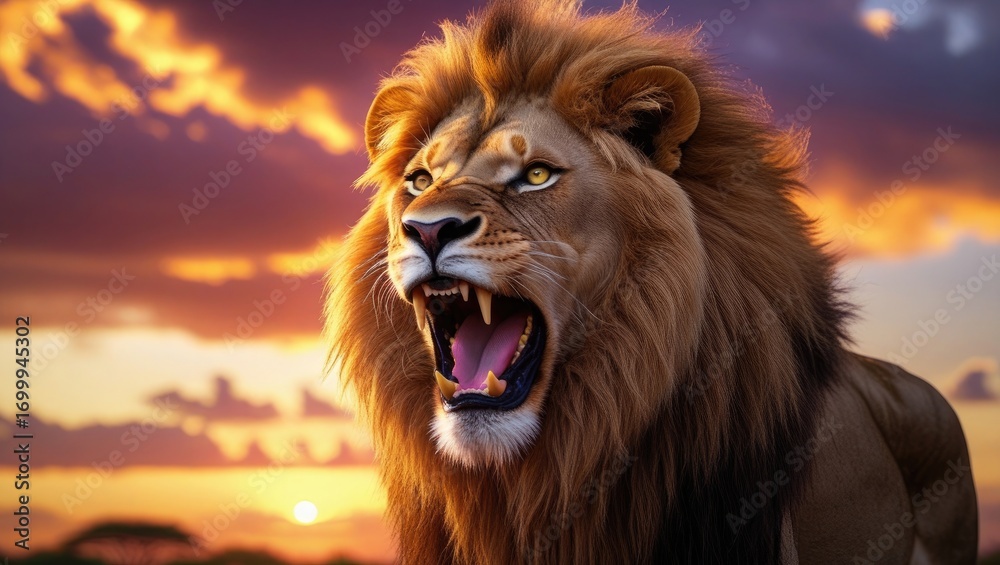 Naklejka premium Lion roaring king of the jungle wildlife animal predator feline sunset sky majestic beast nature portrait